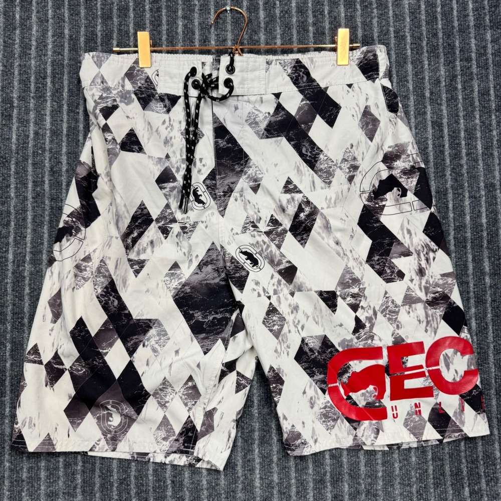 Ecko Unltd Mens XL White Black Geometric Diamond Swim Trunks Board Shorts (2473)